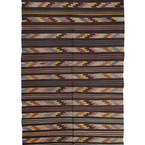 Turkish Kilim Rug: Semi Antique Handmade Wool Striped Area Rug (5.2 X 10 ft)
