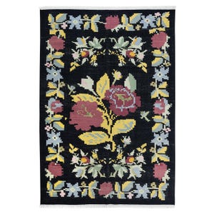 Handmade Antique floral Black Kilim Rug,Bessarabian Kilim Rug,Moldavia Wool Kilim Rug,Area Rug,Wool Rug for Floor