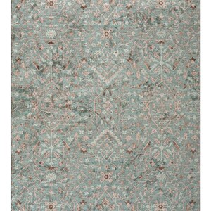 Può includere: Un tappeto rettangolare con un intricato motivo floreale sbiadito. Il tappeto presenta una palette di colori tenui di verde acqua, rosa e marrone, creando un'estetica vintage. Il design include elementi floreali e geometrici stilizzati.