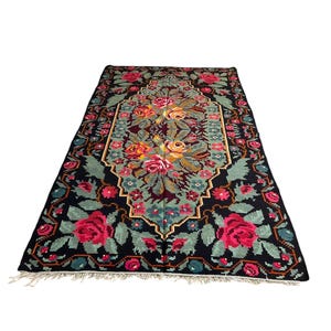 Vintage Black Floral Kilim Rug: Hand Woven Wool, Moldavian 6.2 x 11 ft