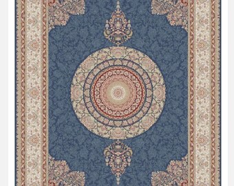 Puede incluir: Una alfombra rectangular con un diseño ornamentado. Presenta un medallón central con círculos concéntricos en tonos rojos, beige y rosa sobre un fondo azul. El borde es beige con patrones florales. El texto "1144C" es visible.