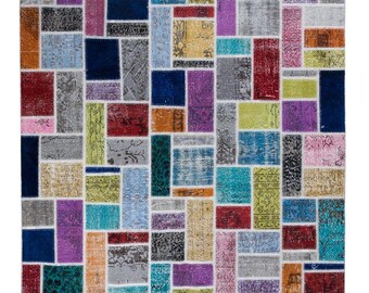 7x10 ft Turkish Patchwork Rug: Distressed Vintage Wool Carpet