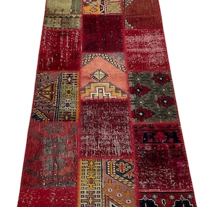 Tapete passadeira turco artesanal em patchwork: modelo Art Déco com efeito desgastado, 85 x 198 cm