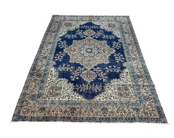 Hand-made Vintage Turkish Rug – Blue Medallion Wool Carpet – Traditional Oriental Area Rug
