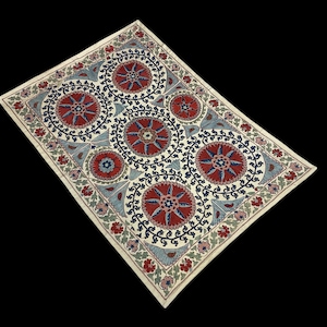 Hand Embroidered Silk Suzani: Uzbek Table Cloth, Silk Fabric Bed Cover (37” x 55”)