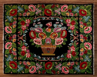 8.6 x 10.3 feet, Handmade Tapestry Floral Rug Wise Pattern, Antique Kilim Rug, Black Floral Kilim Rug, Bessarabian Kilim Rug