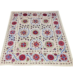 Hand Embroidered Silk Suzani Fabric: Uzbek Folk Art Bedspread (235 x 266 cm)