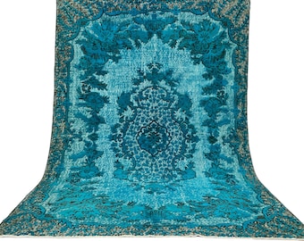 7x10 Teal Blue Oushak Rug: Vintage Turkish Wool Medallion Rug