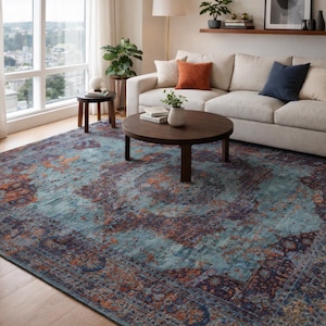 Tappeto Kilim in poliestere e cotone a trama piatta, nuovo di zecca, modello Memluk vintage turco, realizzato in blu-oro.
