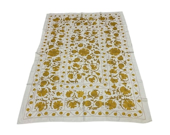 Hand Embroidered Silk Suzani Tablecloth: Uzbek Folk Art, 135 x 197 cm