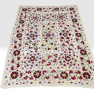 Tela de seda Suzani bordada a mano: mantel floral uzbeko, cubrecama, 230 x 283 cm