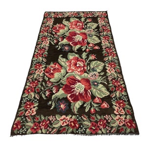 Hand Woven Floral Kilim Rug: Antique Bessarabian Wool Rug (8.7x4.4 ft)