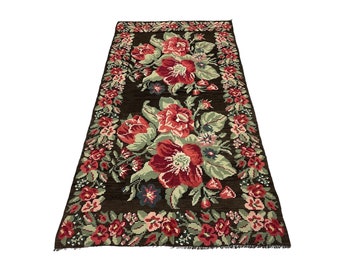 Handmade Antique Kilim Rug,Black Floral Kilim Rug,Bessarabian Kilim Rug,Hand Woven Wool Area Rug,Office Rug,Traditional Rug,8.7x4.4 feet.