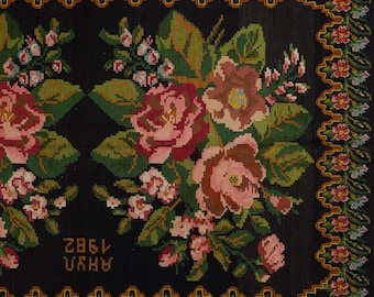 Unique Vintage Bessarabian Kilim Rug, Hand Weaves  Floral Pattern Tapestry  Rug, Antique Floral Black Rug, Flat Woven Oversize Kilim Rug