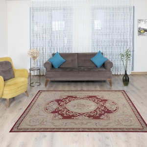7.10x10 French Style Wool Kilim Rug, French Aubusson Rug, Tapestry Rug, Hand-Weaves Wool Kilim Rug, Needle Point Aubosson Red-Beige Rug.