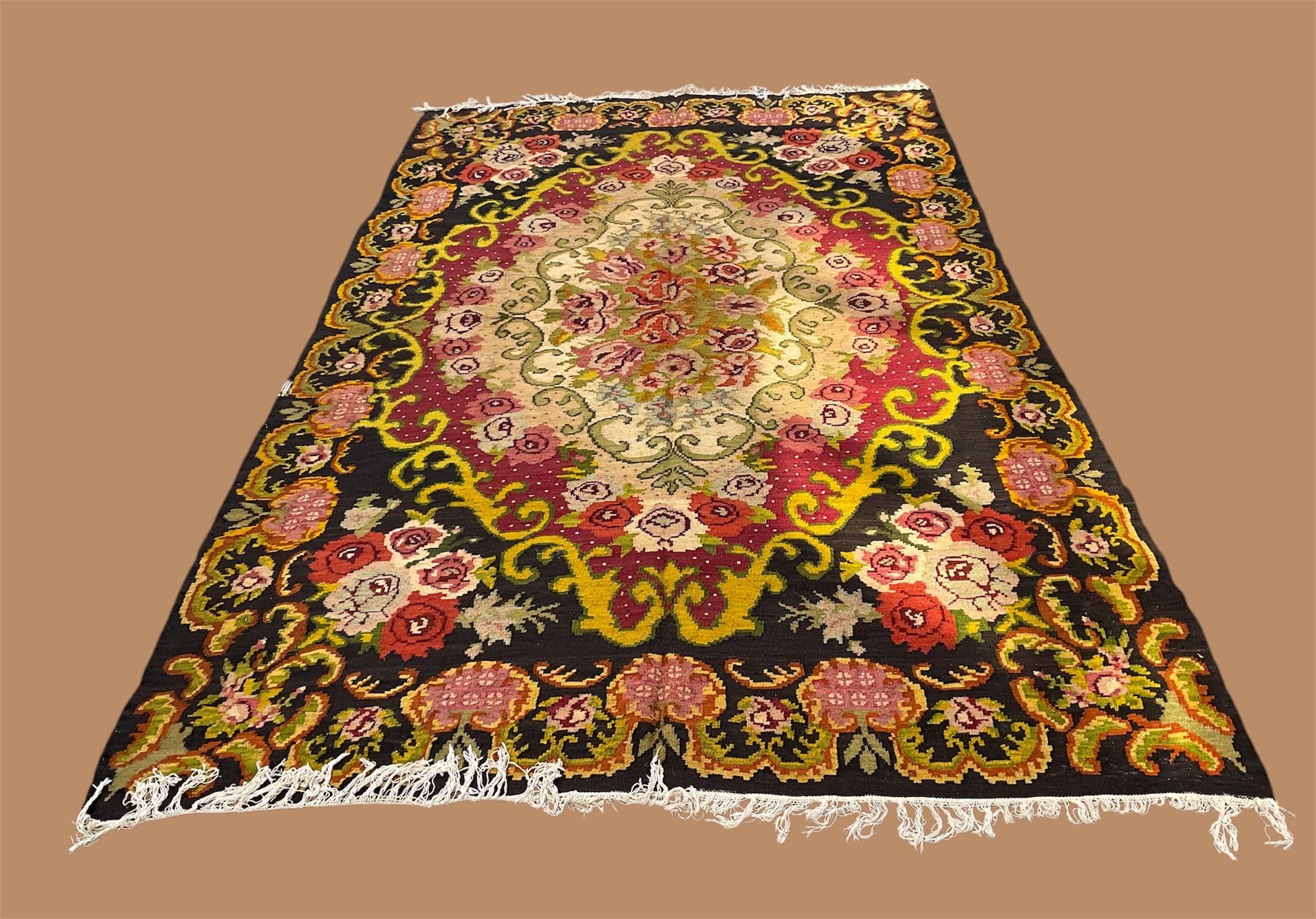 7’ 6” x 12’ 2” Flat Woven 1900s Area Rug, Antique Handmade Floral Kilim Rug, Bessarabian Kilim Rug, Hand Woven Wool Area Rug, 230 x 370 cm
