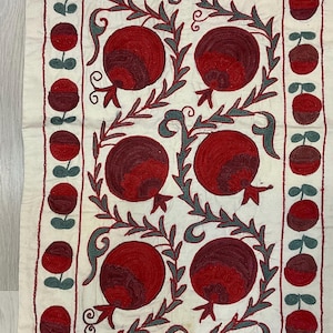 Handmade Silk Suzani Fabric for table Runner,50 x 190 cm Hand Embroideried Pomegranate Motif Embroidery Silk Suzani Table Runner, 20x70 inch