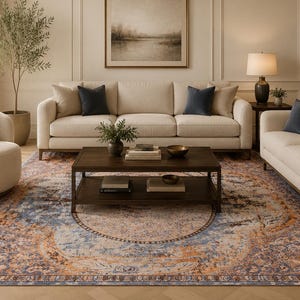 Può includere: Soggiorno con divano e poltrona color crema, e tappeto fantasia blu, arancione e marrone. Un tavolino da caffè in legno scuro è al centro, con un quadro appeso alla parete. Arredamento elegante.