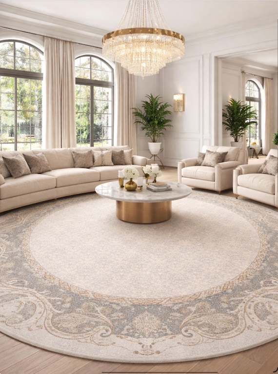 Großer runder Teppich, 2,4 m Durchmesser, beige-blau-grau