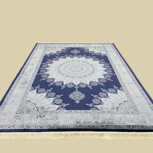 Navy Blue Viscose Rug: Large Turkish Medallion Carpet (6.7 x 9.6 ft)
