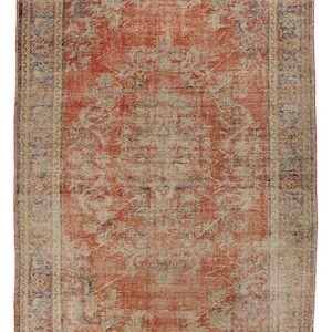 Hand-Knotted Vintage Red Rug,  Distressed Antique Wool Area  Oushak Rug, 6.9x10.5 feet,