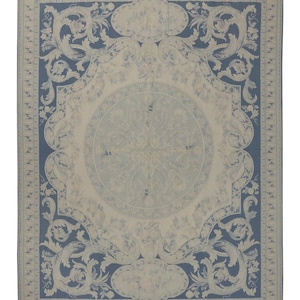 Medallion Pattern French Rug, 7.6x9.2 French Aubusson Rug, Tapestry Rug, Hand-Weaves Wool Kilim Rug, Needle Point Aubosson Faded Kilim Rug.