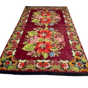 7 x 12.7 Gorgeous Rug, Floral Red Kilim Rug, Handmade Antique Red Floral Kilim Rug, Moldavia Kilim Rug, Ukraine Old  Kilim Rug
