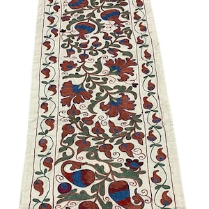 20 x 70 inc Handmade Silk Suzani Fabric for table Runner,50 x 190 cm Hand Embroideried Pomegranate Motif Embroidery Silk Suzani Table Runner
