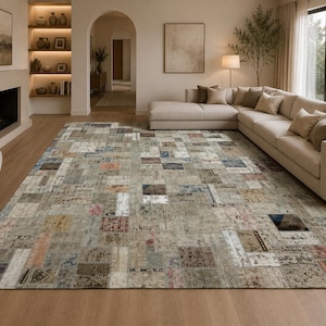 Neutraler Patchwork Teppich, Handgefertigter Wollteppich, Beige Grauer Vintage Patchwork Teppich, Großer Wohnzimmerteppich, Türkischer Überfärbter Teppich, 255 x 353 cm