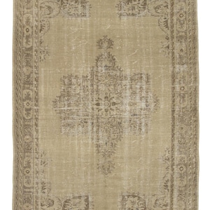Anatolian Vintage Rug, Faded Hand-knotted Oushak Wool Area Beige Rug