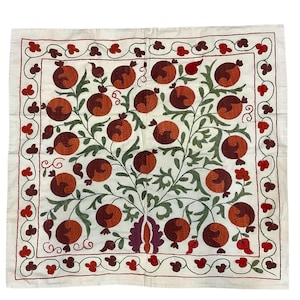 Hand Embroidered Silk Suzani Tablecloth: Uzbek Cotton Tapestry 36x36