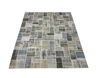 8x10 Feet, Handmade Vintage  Area Blue-Gray Patchwork Rug