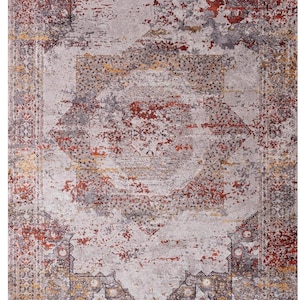 Può includere: Un tappeto rettangolare dall'aspetto vintage e usurato. Il tappeto presenta un motivo a medaglione centrale nei toni del rosso, grigio e oro su uno sfondo grigio chiaro. I bordi sono decorati con motivi intricati.