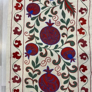 20 x 70 inc Handmade Silk Suzani Fabric for table Runner,50 x 190 cm Hand Embroideried Pomegranate Motif Embroidery Silk Suzani Table Runner