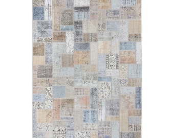 Vintage Beige Patchwork Rug: Handmade Wool Turkish Area Rug
