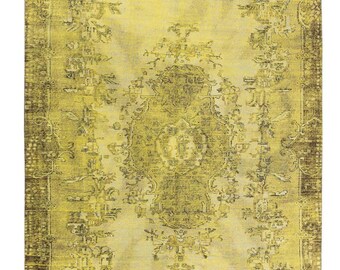 6x9 Vintage Turkish Oushak Rug: Overdyed Green Wool Area Rug