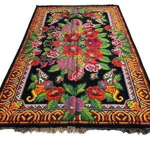 Hand-Woven Floral Kilim Rug: Antique Moldavian Wool Rug