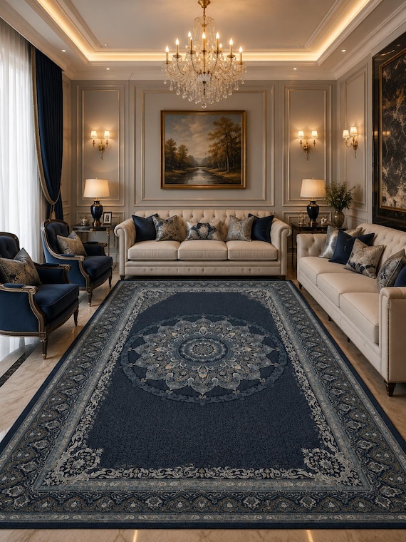 Marineblauer Medaillon-Teppich, orientalischer Stil, 200 x 290 cm, Wohnzimmerdekoration