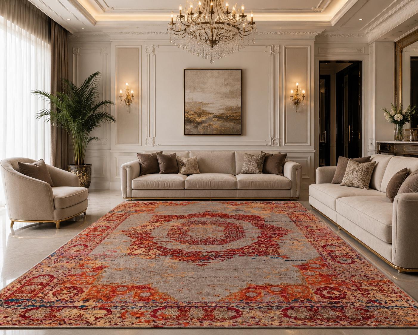 Turkish Vintage Memluk Pattern New Made Area Gray-red-gold Rug