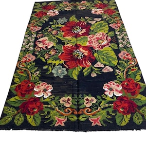 Hand-Weaves Antique Black Floral Kilim Rug, 1970th  Kilim Rug, Moldavia Kilim Rug, Ukraine Old Rug, Bessarabia  Kilim Rug, 5.4 x 9 feet.