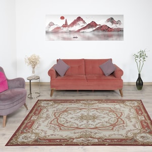 8x10 French Style Wool Kilim Rug, French Aubusson Rug, Tapestry Rug, Hand-Weaves Wool Kilim Rug, Needle Point Aubosson Red-Beige Kilim Rug.
