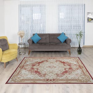 8x10 French Style Wool Kilim Rug, French Aubusson Rug, Tapestry Rug, Hand-Weaves Wool Kilim Rug, Needle Point Aubosson Red-Beige Kilim Rug.