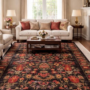 Tappeto nero vintage floreale, tappeto kilim in poliestere e cotone a trama piatta in stile foresta