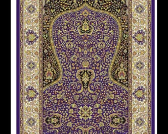 Puede incluir: Una alfombra detallada y ornamentada con un diseño central en forma de arco en tonos morado, negro y dorado. La alfombra presenta intrincados patrones florales y un borde con motivos geométricos repetidos. El texto "KS6014" se muestra en la parte inferior.