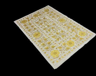Hand Embroidered Silk Suzani Tablecloth: Uzbek Folk Art, Wall Decor 5x6 ft