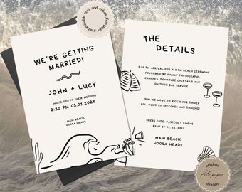 May include: A black and white wedding invitation with a beach theme. The invitation reads "We're getting married!" with the names John and Lucy. The date of the wedding is 03.01.2026. The invitation also includes details about the ceremony and reception, including the time, location, and dress code.