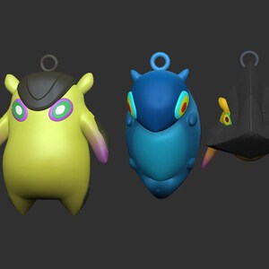 May include: Five colorful, cartoon-like character charms with a black and red tag that says "GEIKKO".