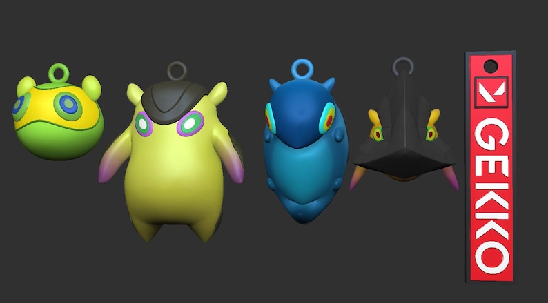 May include: Five colorful, cartoon-like character charms with a black and red tag that says "GEIKKO".