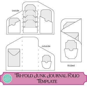 May include: A black and white line drawing template for a tri-fold junk journal folio. The template shows the inside, outside, and folded views of the folio. The text "Tri-Fold Junk Journal Folio Template" is at the bottom of the image.