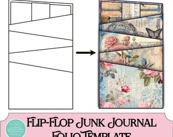May include: A black and white line drawing of a junk journal folio template with a floral patterned junk journal folio template next to it. The text "FLIP-FLOP JUNK JOURNAL FOLIO TEMPLATE" is below the images.